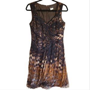 Peruvian Connection 100% Silk Dress 6 Brown Abstract Ruched Cocktail